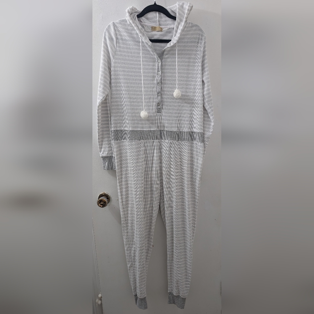 Women's Striped Hooded Pajama Onesie - White and Gray